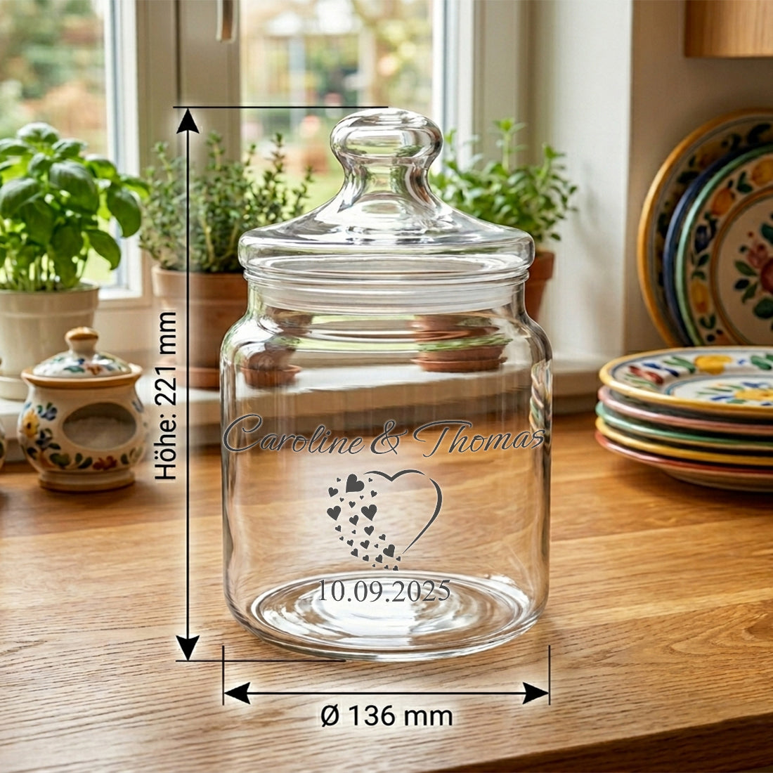 Maße Höhe 22,1 cm und Durchmesser 13,6 cm des 1,5 Liter Vorratsglases