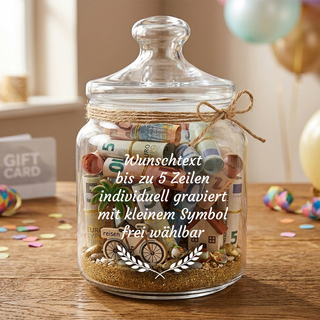 Personalisiertes Vorratsglas kreativ gestaltet mit Geldscheinen und Gravurtext als Geschenkidee