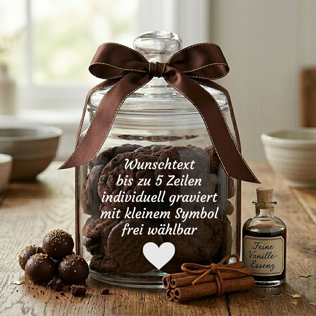Dekoriertes Vorratsglas mit brauner Geschenk-Schleife und persönlichem Gravurtext