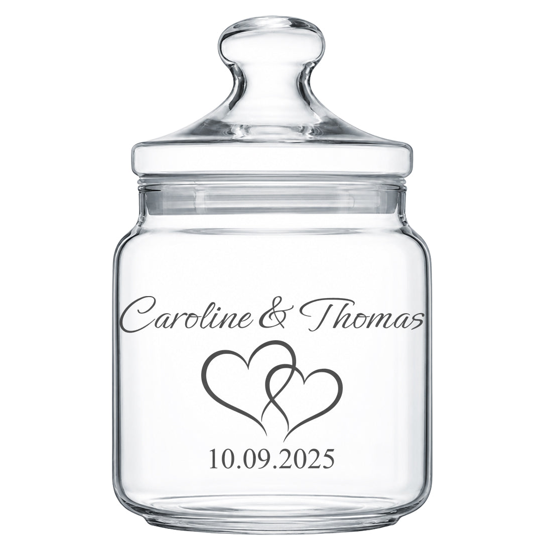 Personalisiertes Glas mit zwei ineinander verschlungenen Herzen