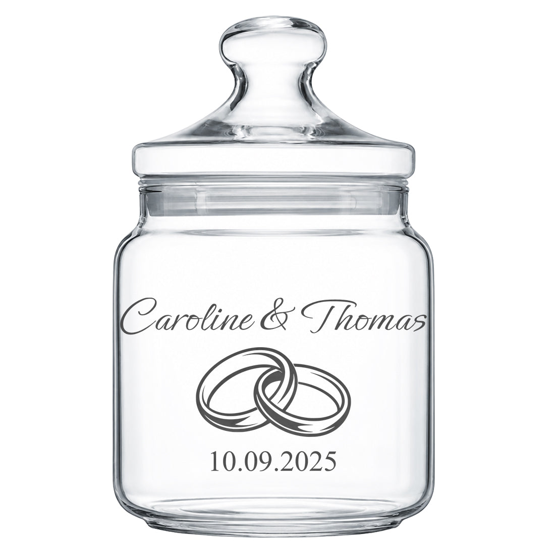 Personalisiertes Vorratsglas mit Eheringen als Hochzeitsgeschenk