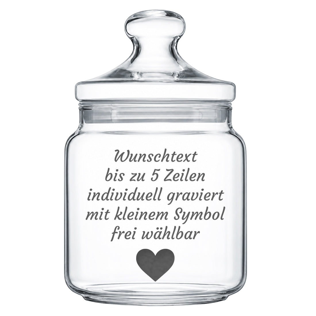 Personalisiertes Bonbonglas mit Wunschtext und ausgefülltem Herz-Symbol