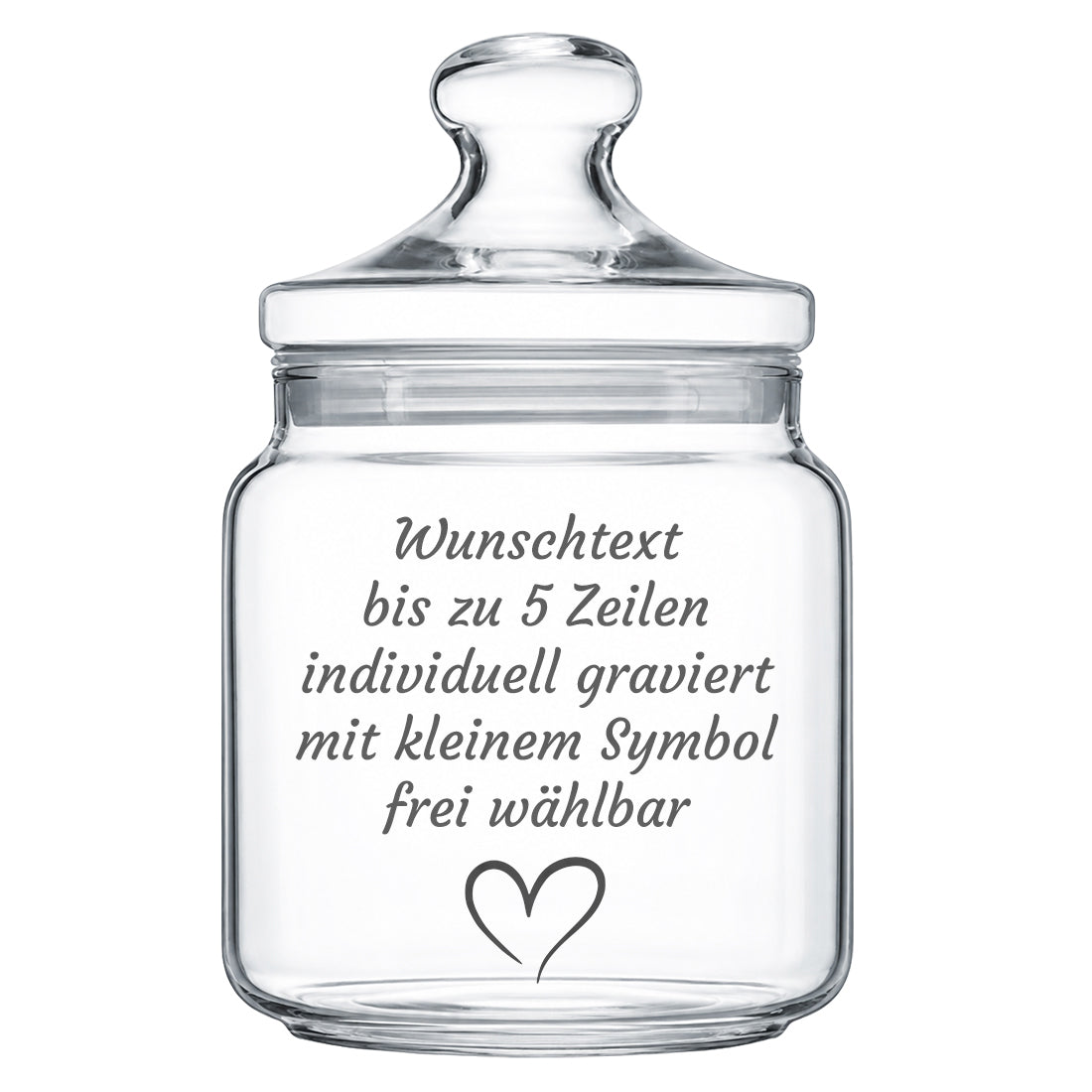 Vorratsglas aus Glas mit Gravurtext und feiner Herz-Kontur