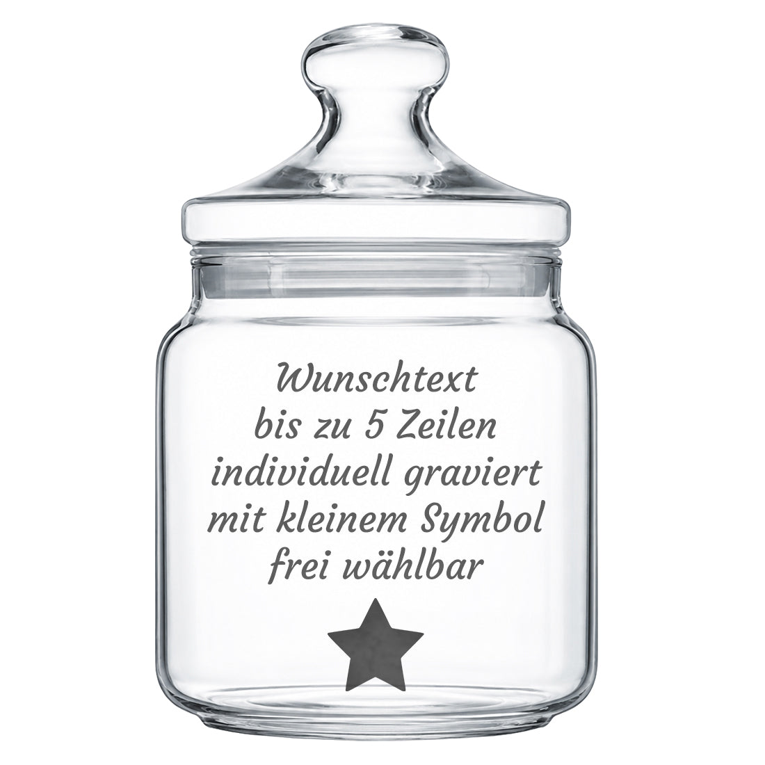 Personalisiertes Vorratsglas mit Wunschtext und graviertem Stern-Symbol