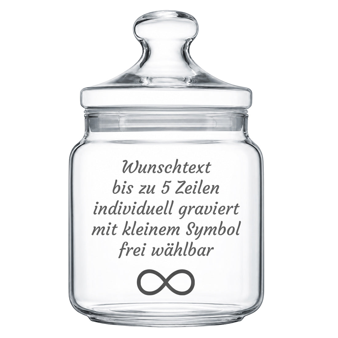 Vorratsglas mit Wunschtext-Gravur und Unendlichkeits-Symbol