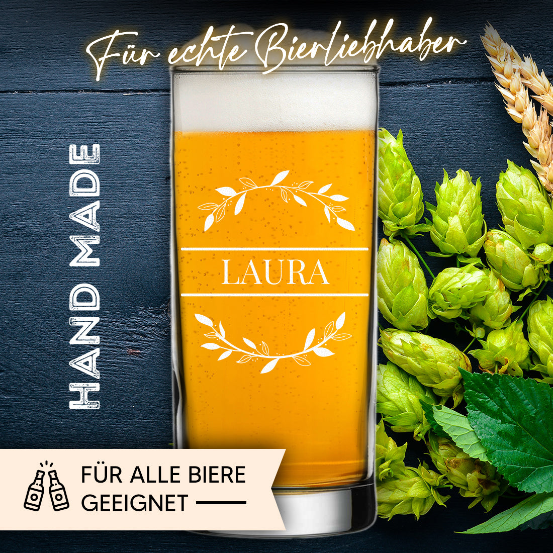 Longdrink Wasser Trinkglas 485 ml mit Gravur - Motiv Blätterkreis