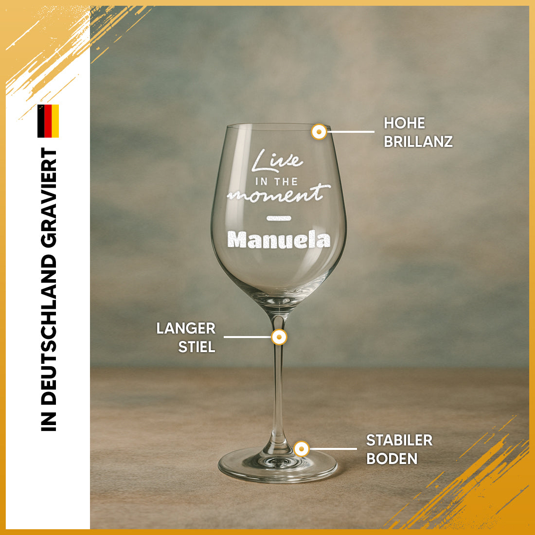 Weinglas 440 ml mit Gravur "Live in the moment"