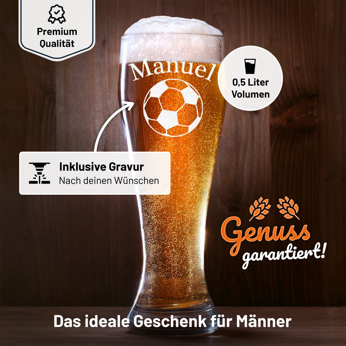 Weizenbierglas 0,5 Liter Fußball mit Gravur - Geschenk für Fußballfans