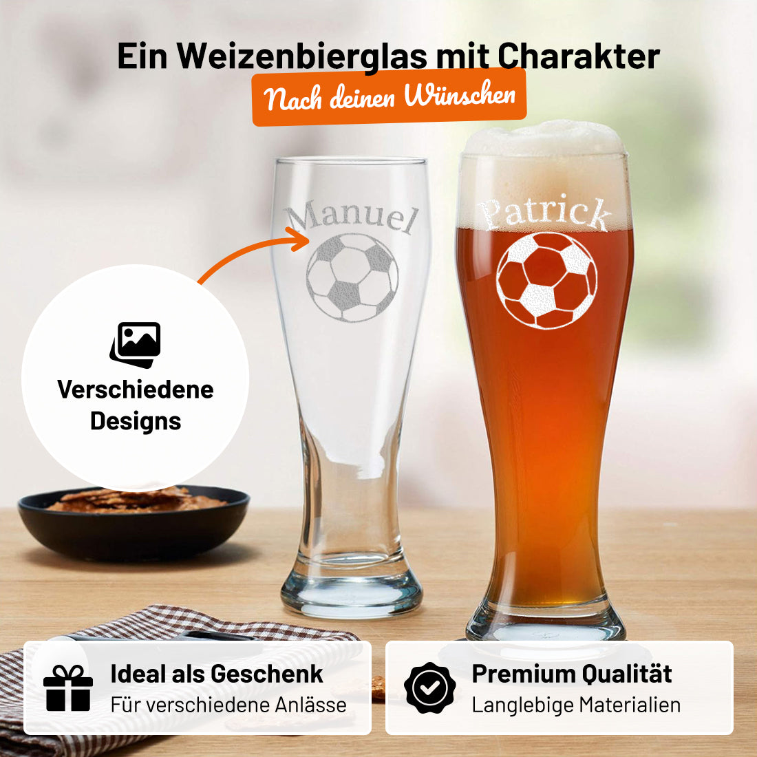 Weizenbierglas 0,5 Liter Fußball mit Gravur - Geschenk für Fußballfans