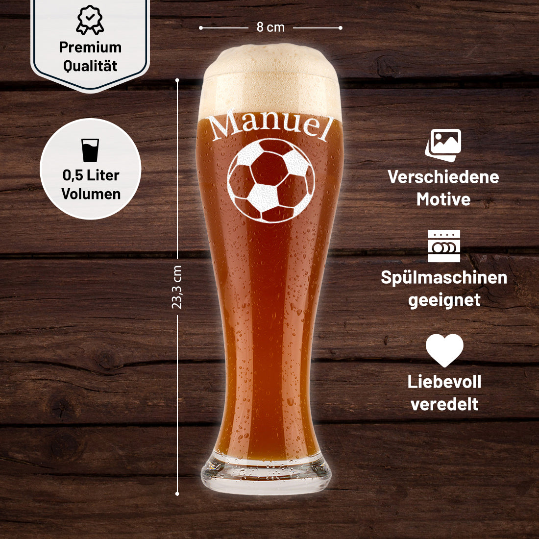Weizenbierglas 0,5 Liter Fußball mit Gravur - Geschenk für Fußballfans