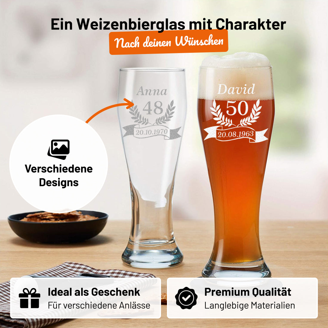 Personalisiertes Weizenbierglas 0,5 Liter mit Gravur - Geschenk für Bierliebhaber