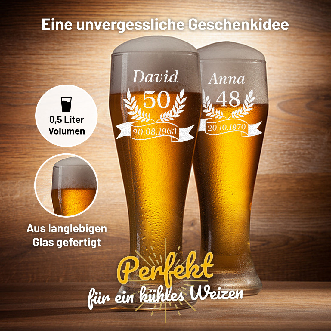 Personalisiertes Weizenbierglas 0,5 Liter mit Gravur - Geschenk für Bierliebhaber