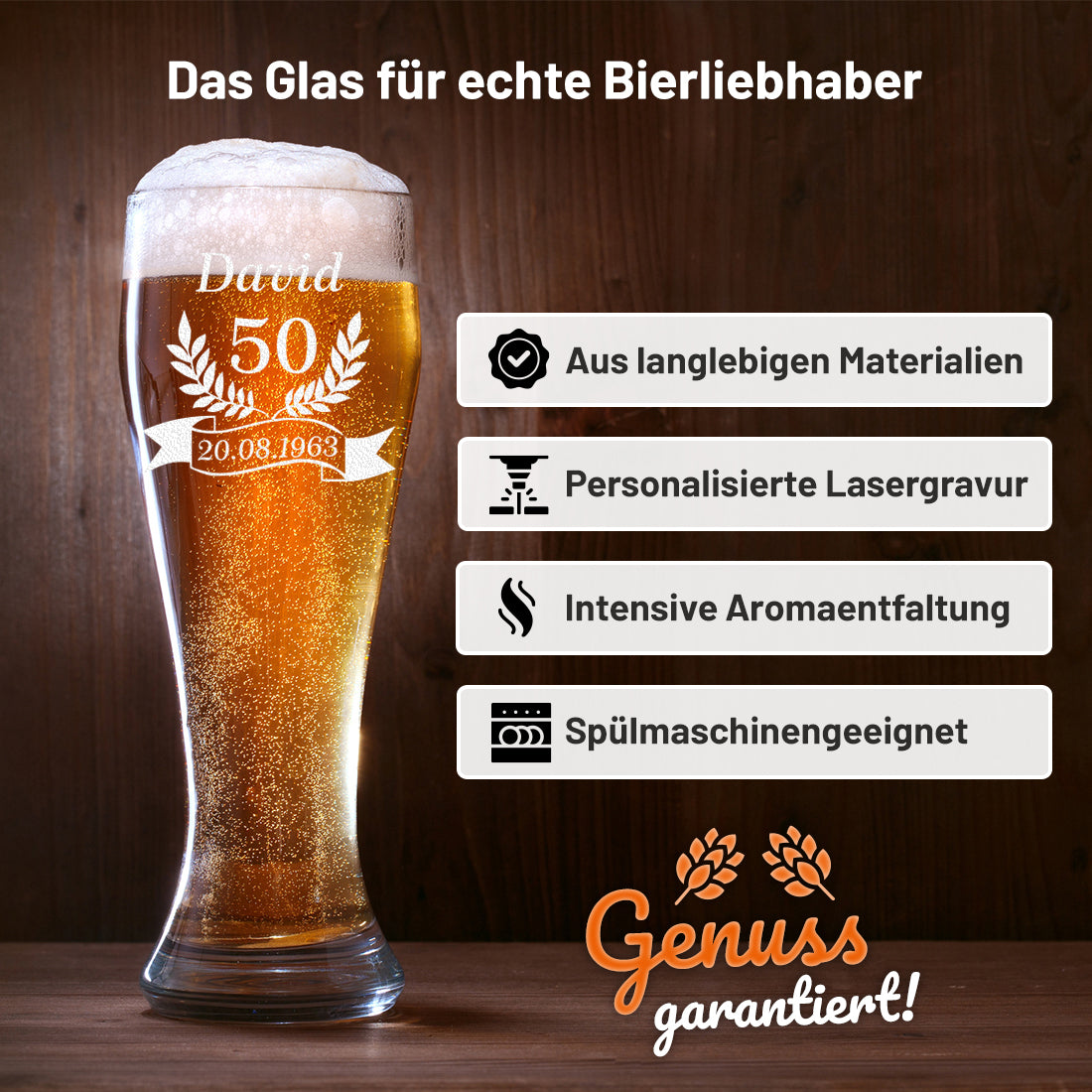 Personalisiertes Weizenbierglas 0,5 Liter mit Gravur - Geschenk für Bierliebhaber