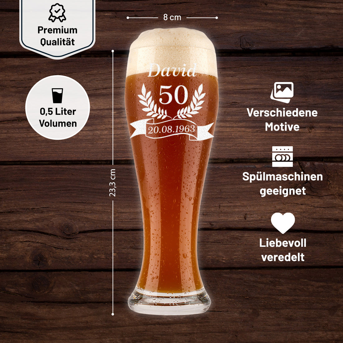 Personalisiertes Weizenbierglas 0,5 Liter mit Gravur - Geschenk für Bierliebhaber