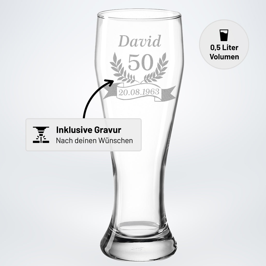 Personalisiertes Weizenbierglas 0,5 Liter mit Gravur - Geschenk für Bierliebhaber