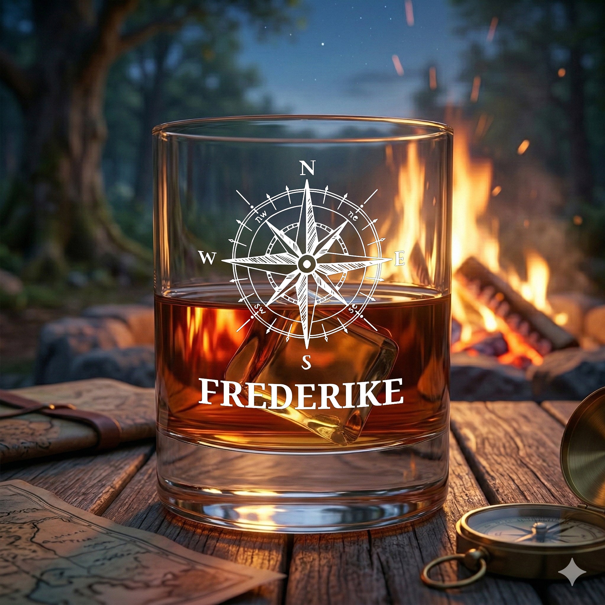 Modernes Whisky Glas 320 ml mit personalisierter Gravur - Motiv Kompass
