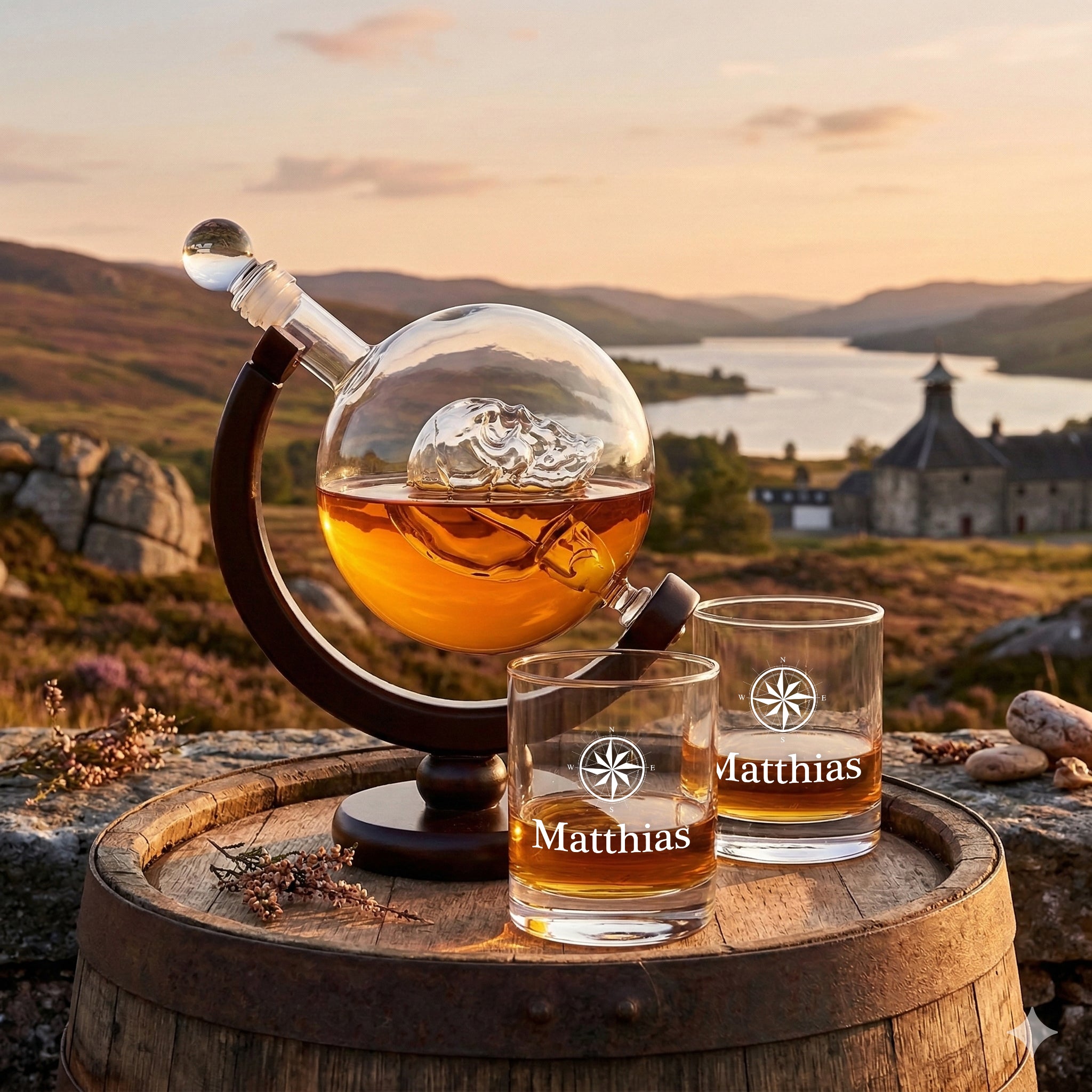Totenkopf Skull Dekanter 850 ml + 2 Whiskygläser 320 ml im Set mit Gravur - Motiv Kompass
