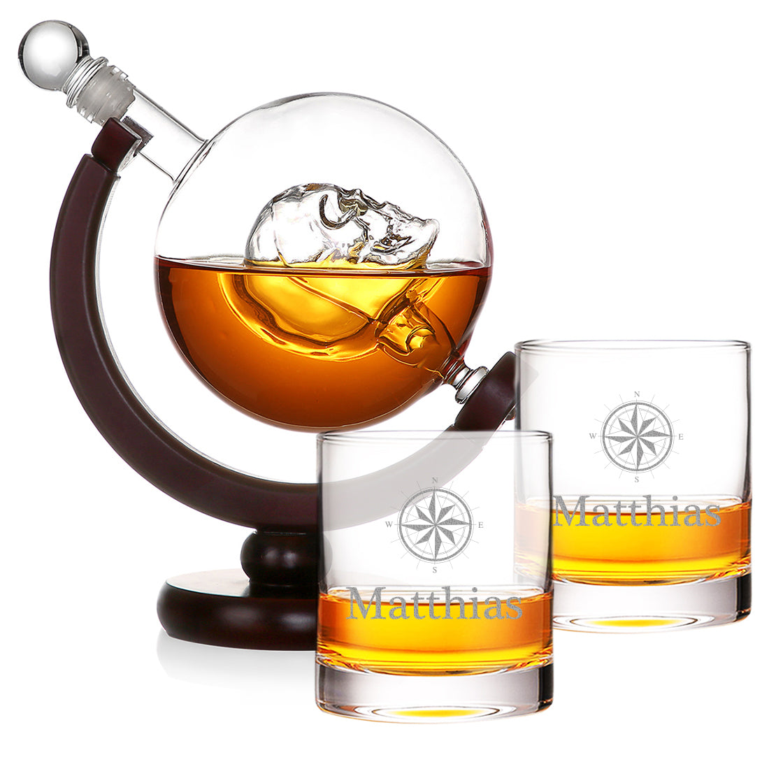 Totenkopf Skull Dekanter 850 ml + 2 Whiskygläser 320 ml im Set mit Gravur - Motiv Kompass