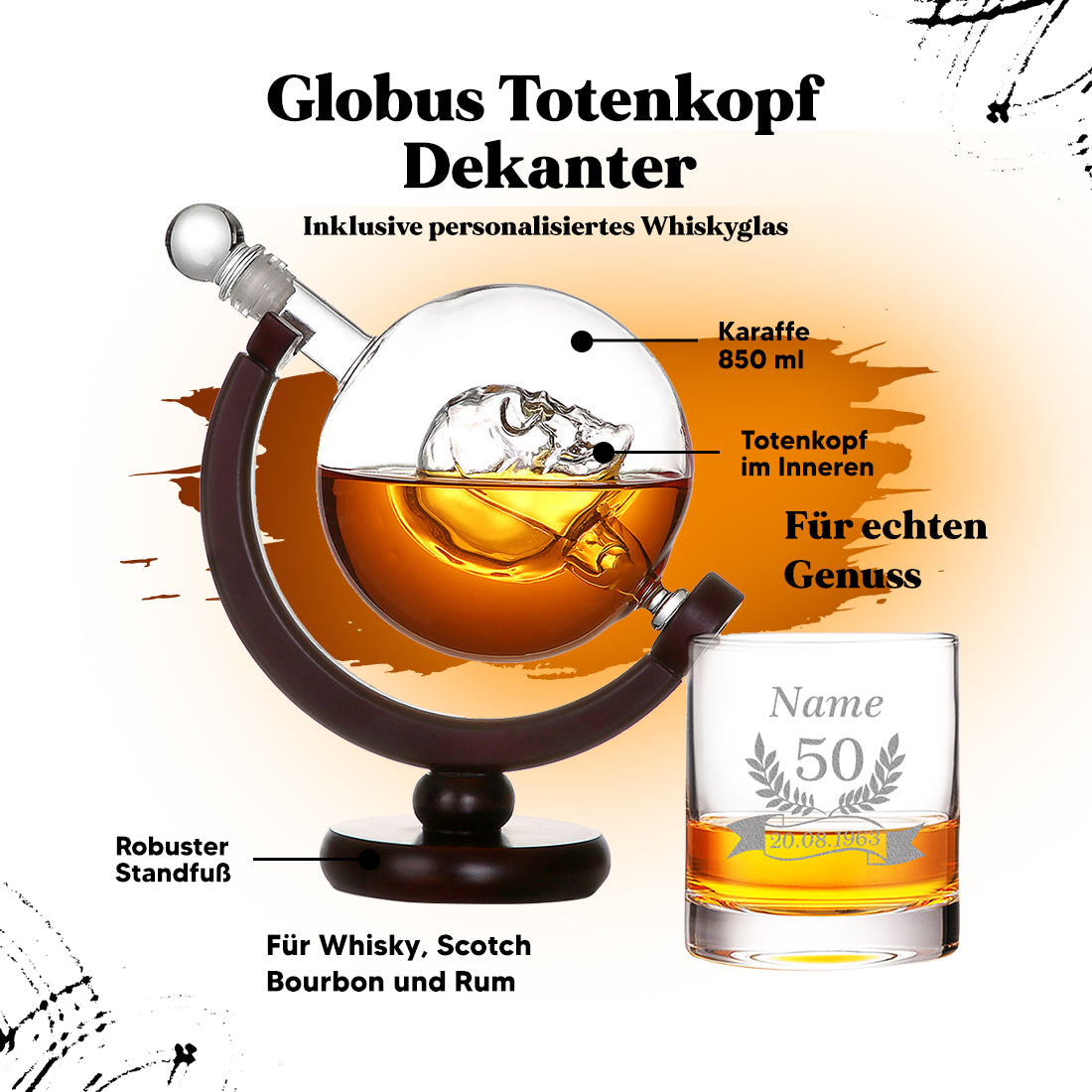 2-TLG Whisky-Set Skull-Dekanter und Whiskyglas mit Gravur - Jubiläumsgeschenk