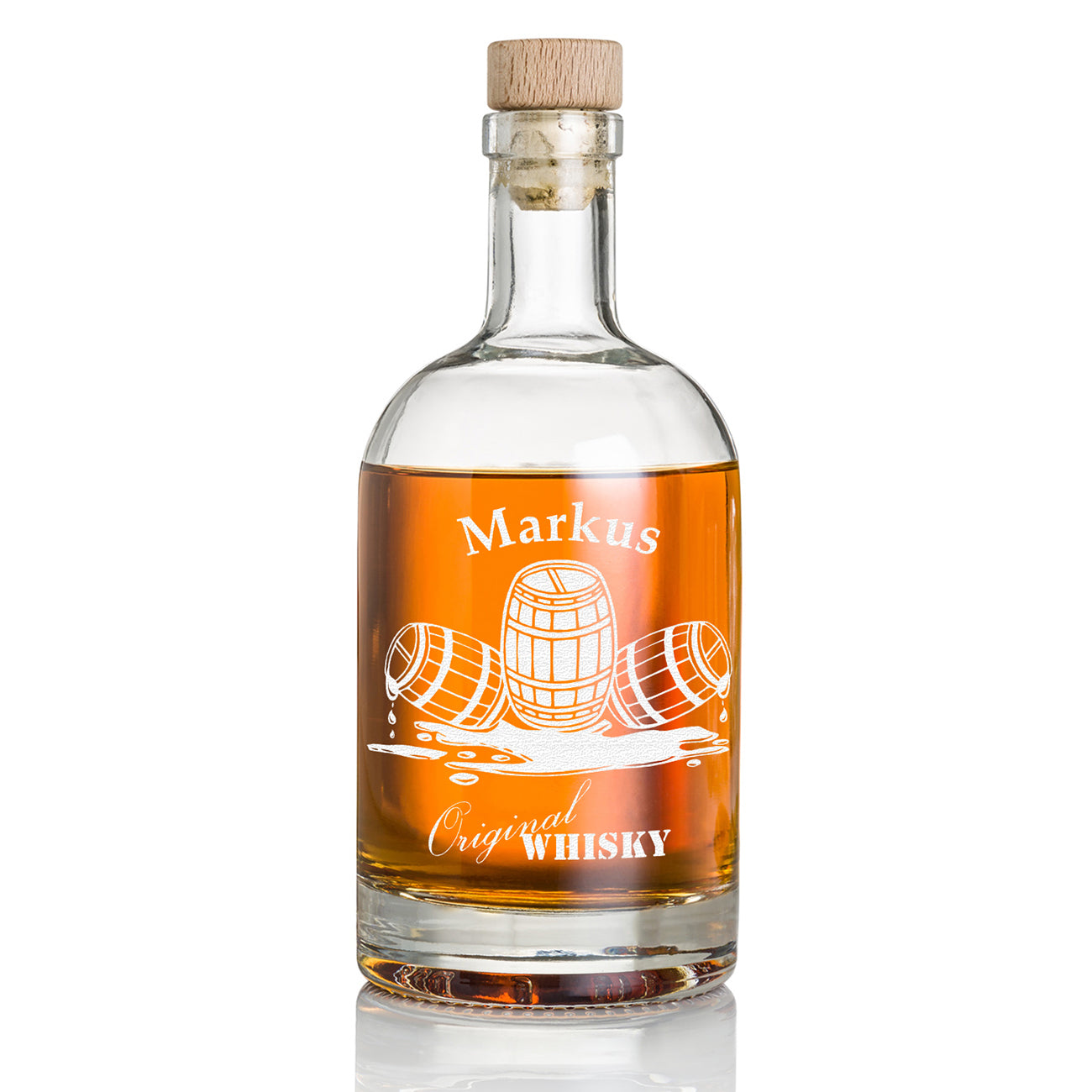 Personalisierte Glasflasche 700 ml für Whisky mit Gravur - Motiv "Whiskyfass"