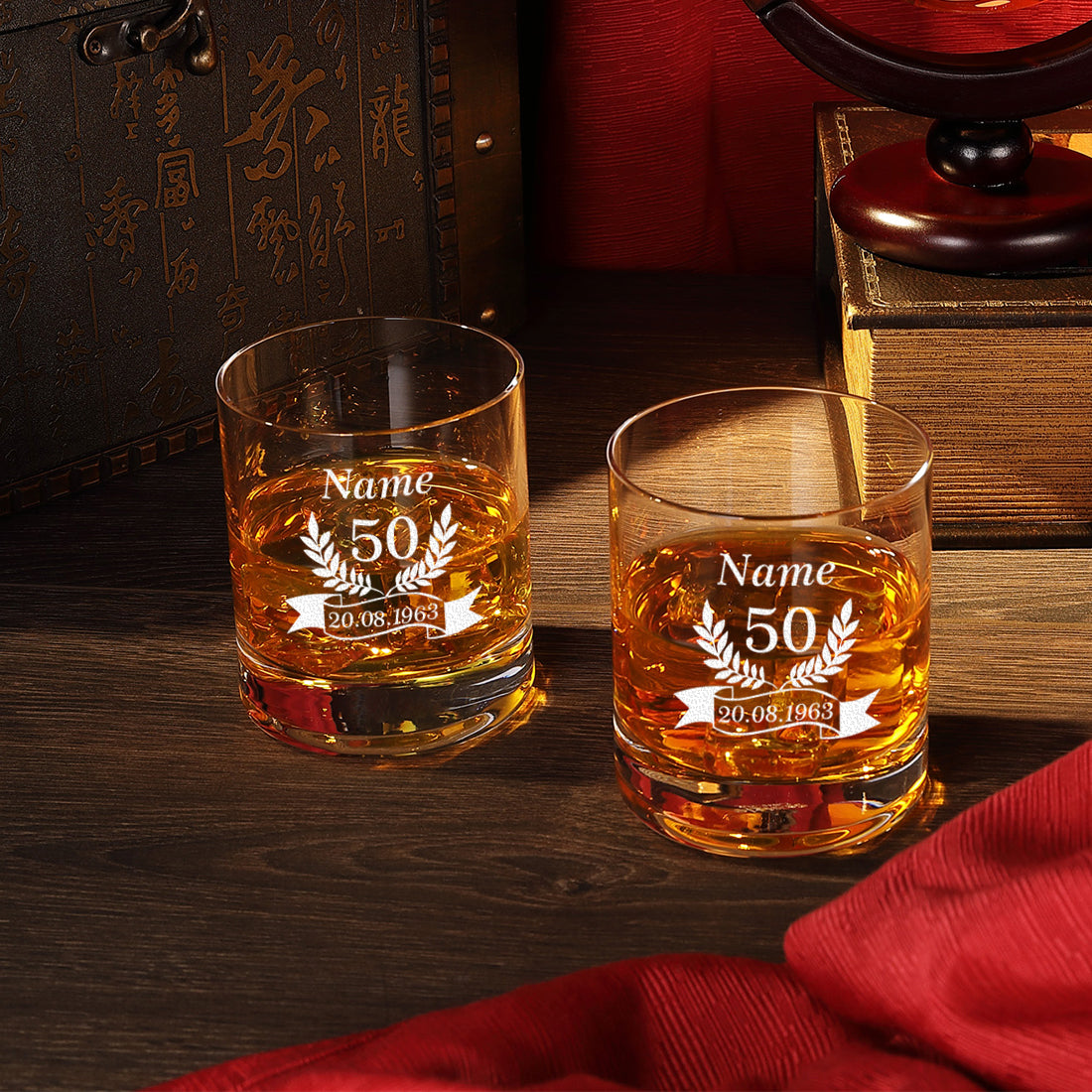 Whisky-Set Totenkopf Karaffe 850 ml & 2 Tumbler 320 ml mit Gravur - Jubiläumgsgeschenk