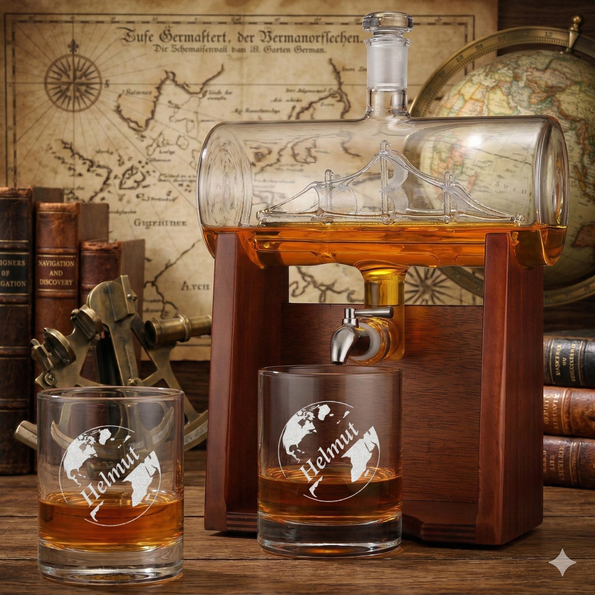 Whisky Dekanter Geschenkset mit personalisierter Gravur - Motiv "Globus"