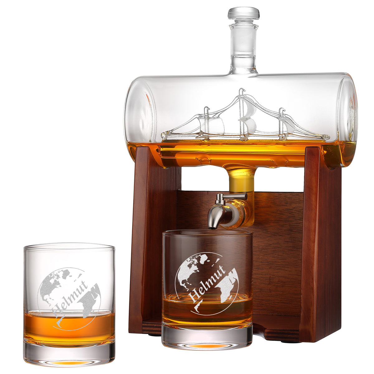 Whisky Dekanter Geschenkset mit personalisierter Gravur - Motiv "Globus"