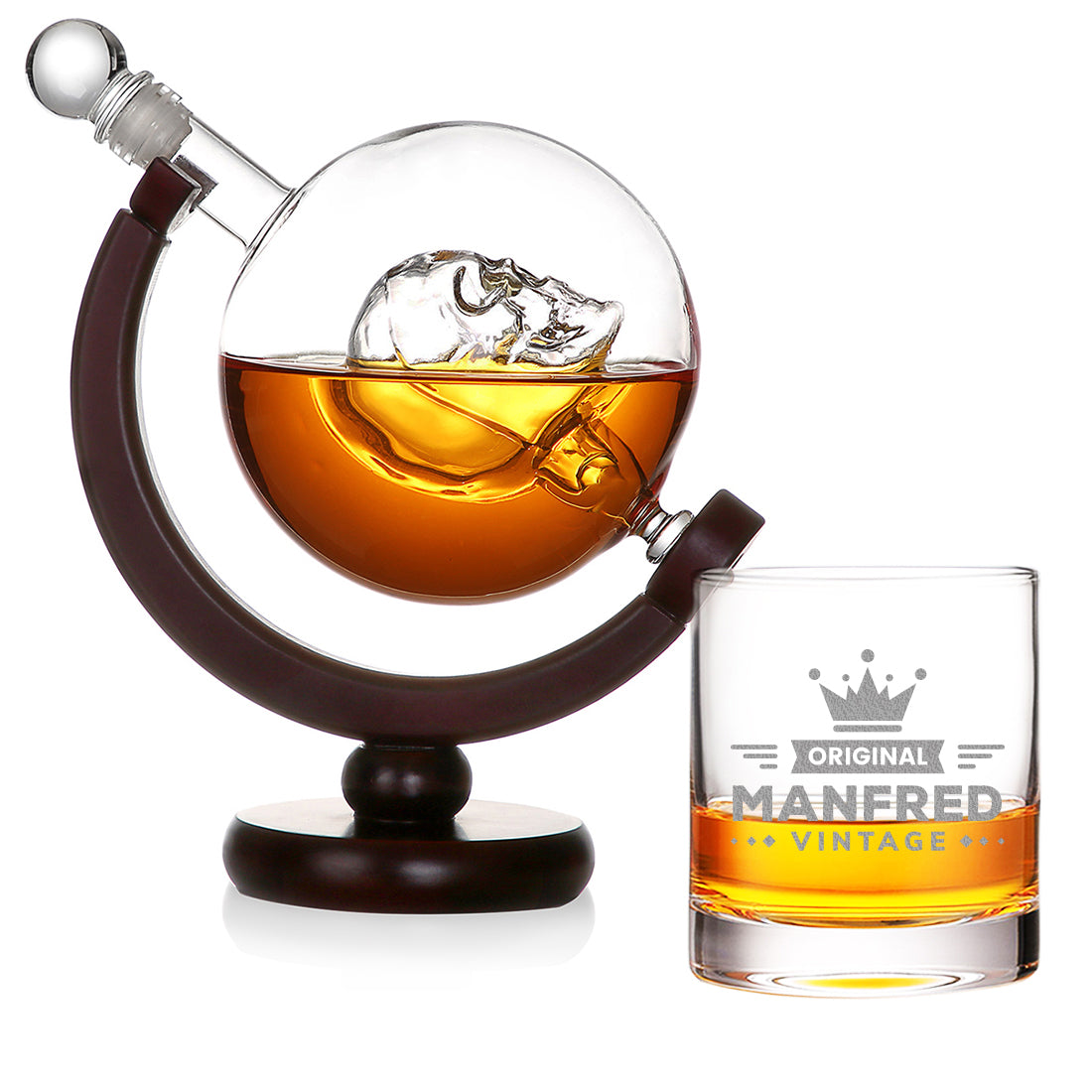 2-TLG Set Skull Dekanter 850 ml und Whiskyglas 320 ml mit Gravur - Motiv Krone