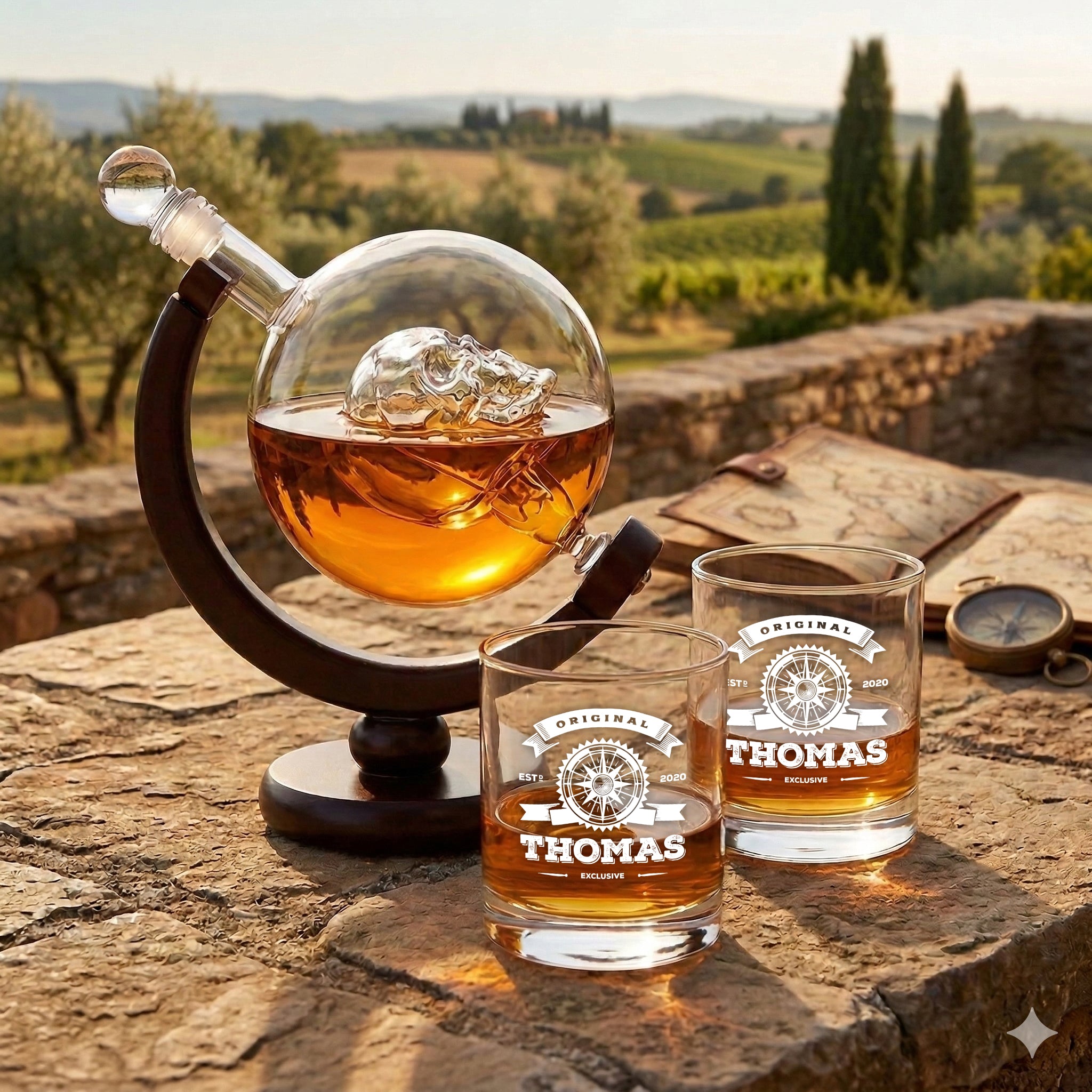 Totenkopf Dekanter 850 ml und 2 Whisky Tumbler 320 ml mit Wunschgravur - Original Exklusive