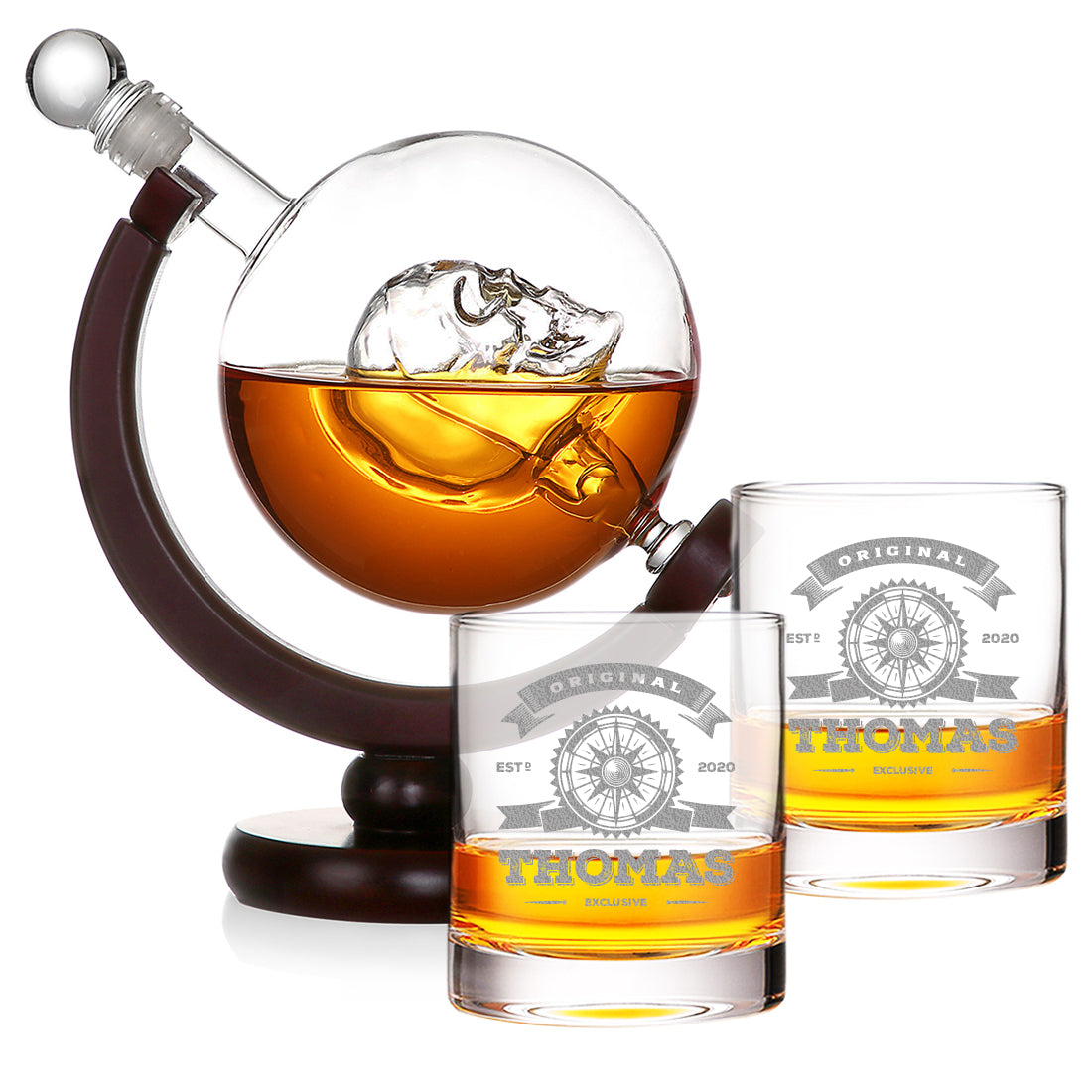 Totenkopf Dekanter 850 ml und 2 Whisky Tumbler 320 ml mit Wunschgravur - Original Exklusive