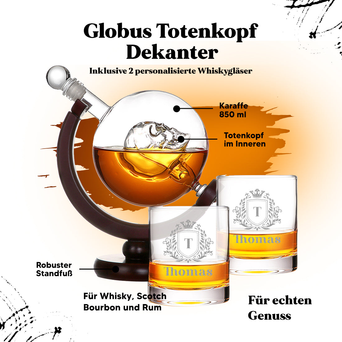 Whisky Totenkopf Dekanter 850 ml & 2 Whiskygläser 320 ml mit Gravur - Motiv Wappen