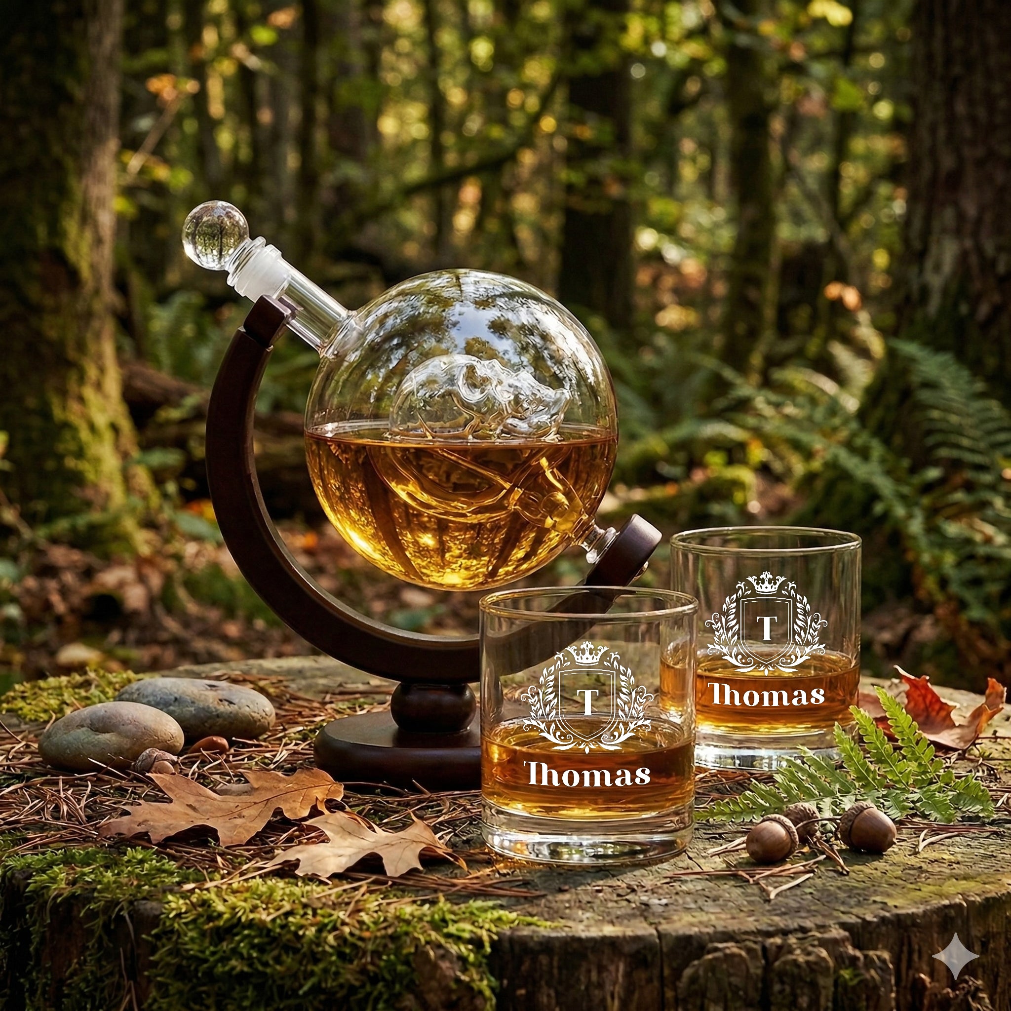 Whisky Totenkopf Dekanter 850 ml & 2 Whiskygläser 320 ml mit Gravur - Motiv Wappen