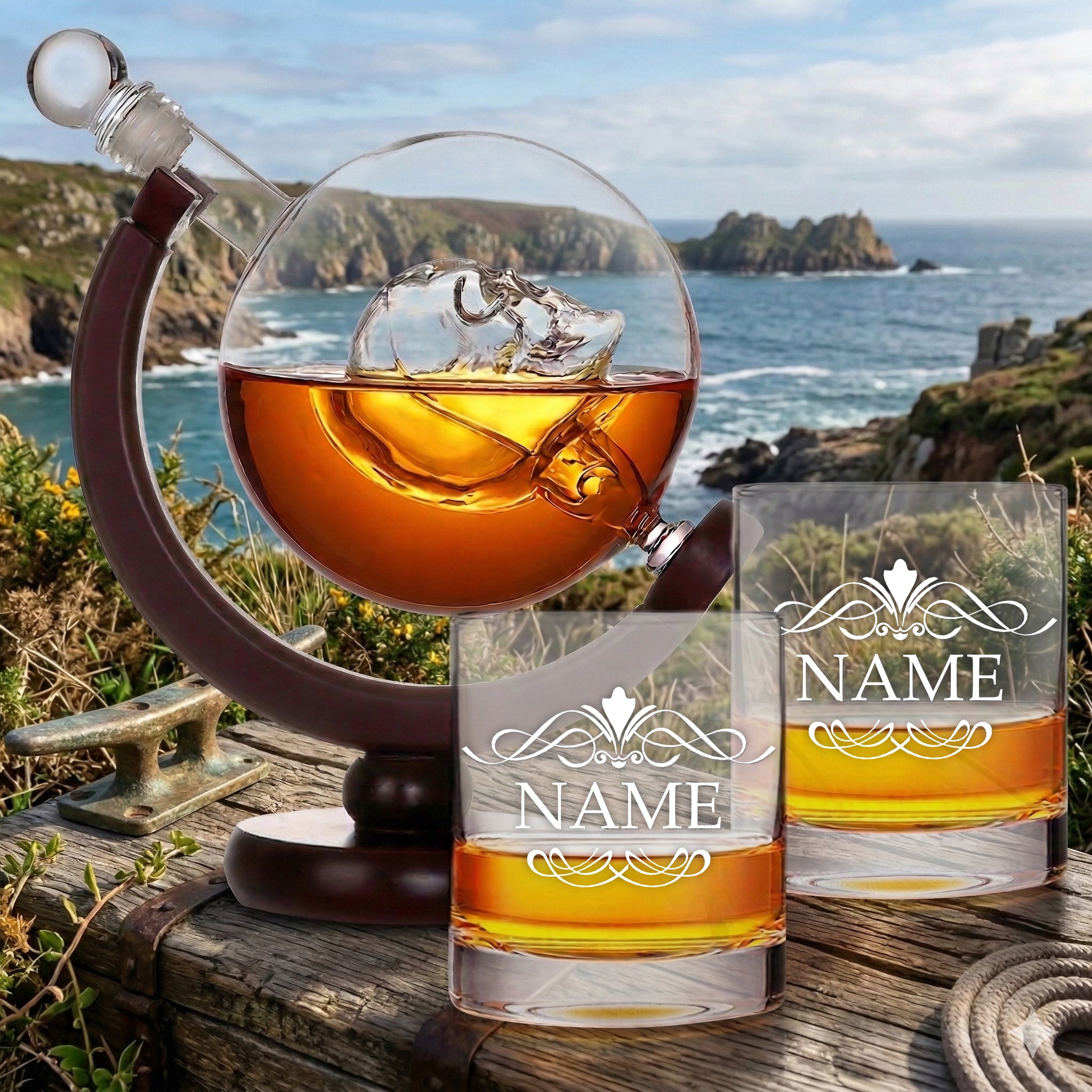 Totenkopf Dekanter 850 ml und 2x Whiskygläser 320 ml mit Gravur - "Ornament"