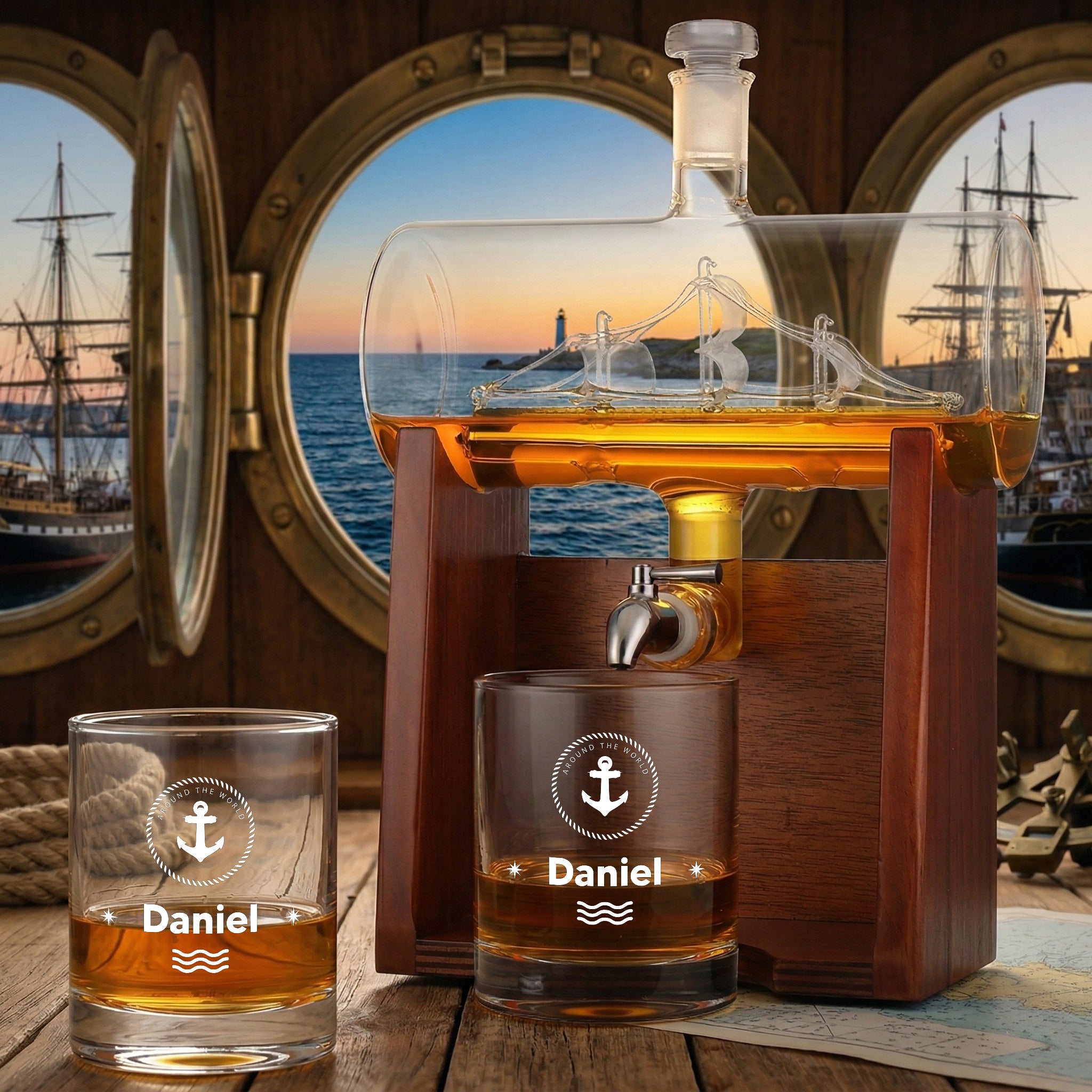 Whisky Geschenkset Dekanter 1000 ml + Whiskygläser 320 ml mit Gravur - Motiv Anker