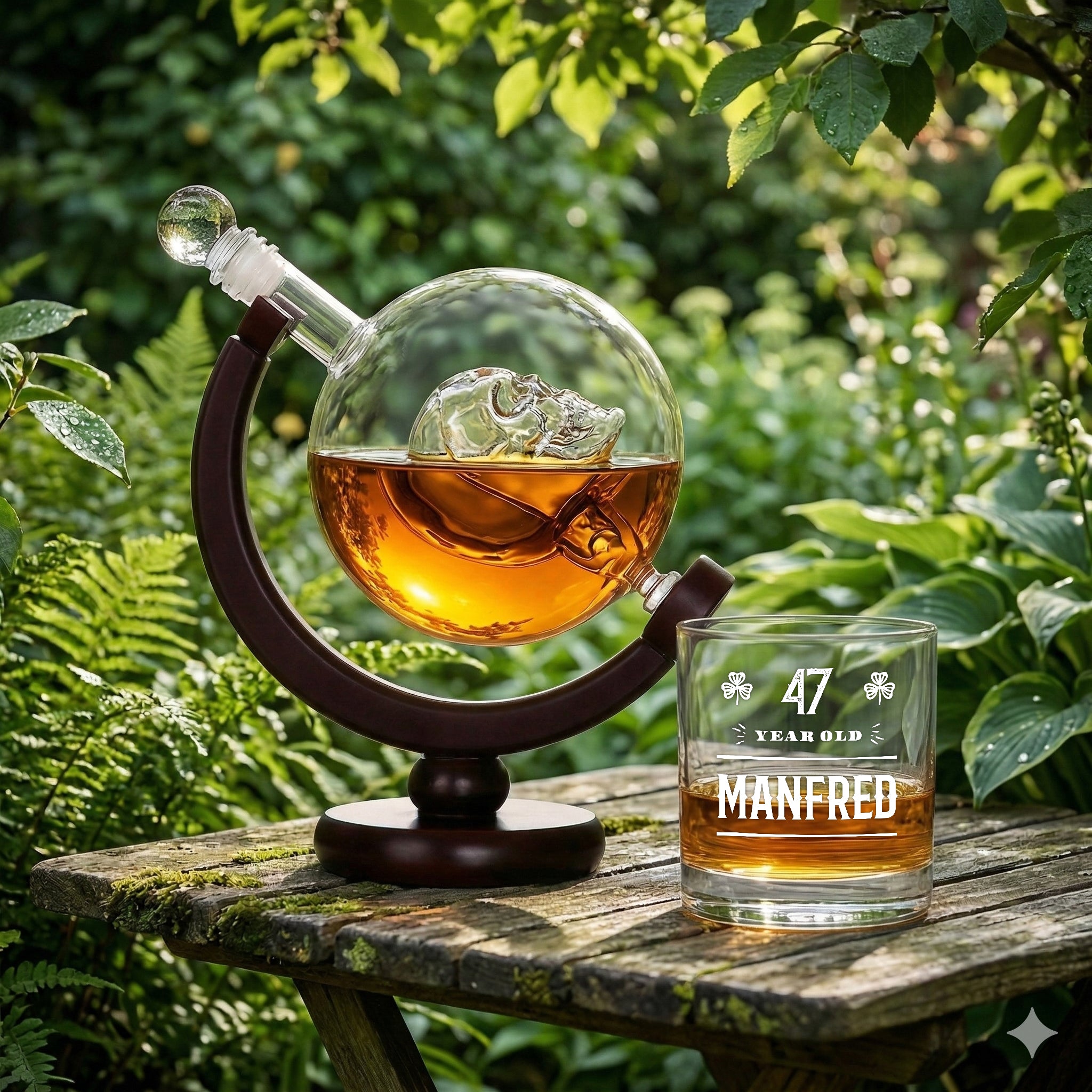 Whisky-Set Totenkopf-Dekanter 850 ml und Whiskyglas mit Gravur - Motiv "Kleeblatt"