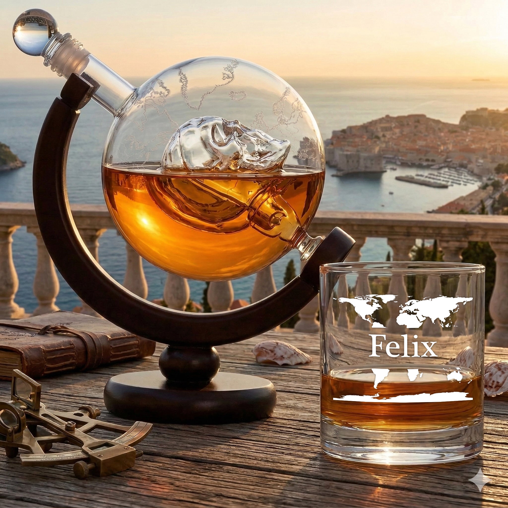 Whisky-Set Dekanter 850 ml + Tumbler 320 ml mit Gravur - Motiv "Weltkarte"