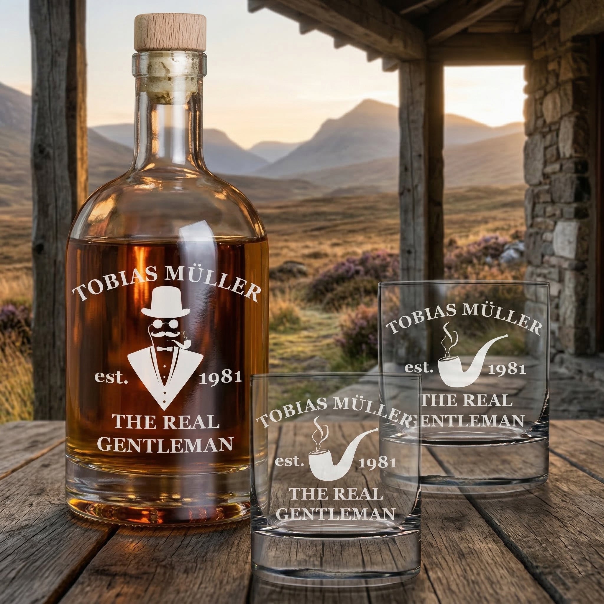3-TLG Whisky Geschenkset Karaffe 700 ml + 2 Whiskygläser 320 ml mit Gravur - Real Gentleman