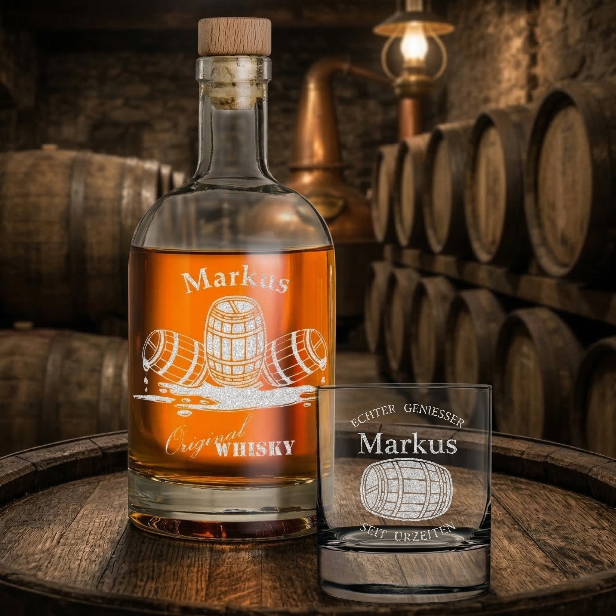 2-TLG Whisky Geschenkset mit Flasche 700 ml & Whiskyglas 320 ml mit Gravur - Motiv Whiskyfass