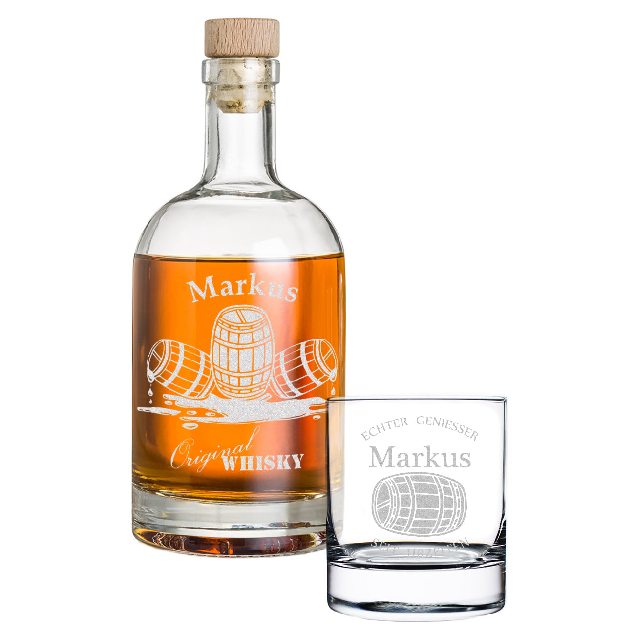2-TLG Whisky Geschenkset mit Flasche 700 ml & Whiskyglas 320 ml mit Gravur - Motiv Whiskyfass