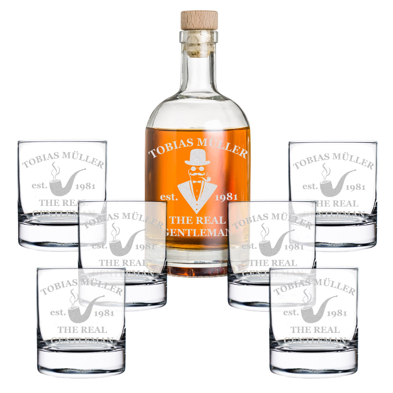 7-teiliges Whisky-Set Flasche 700 ml und 6 Gläser 320 ml mit Gravur - Motiv Real Gentleman