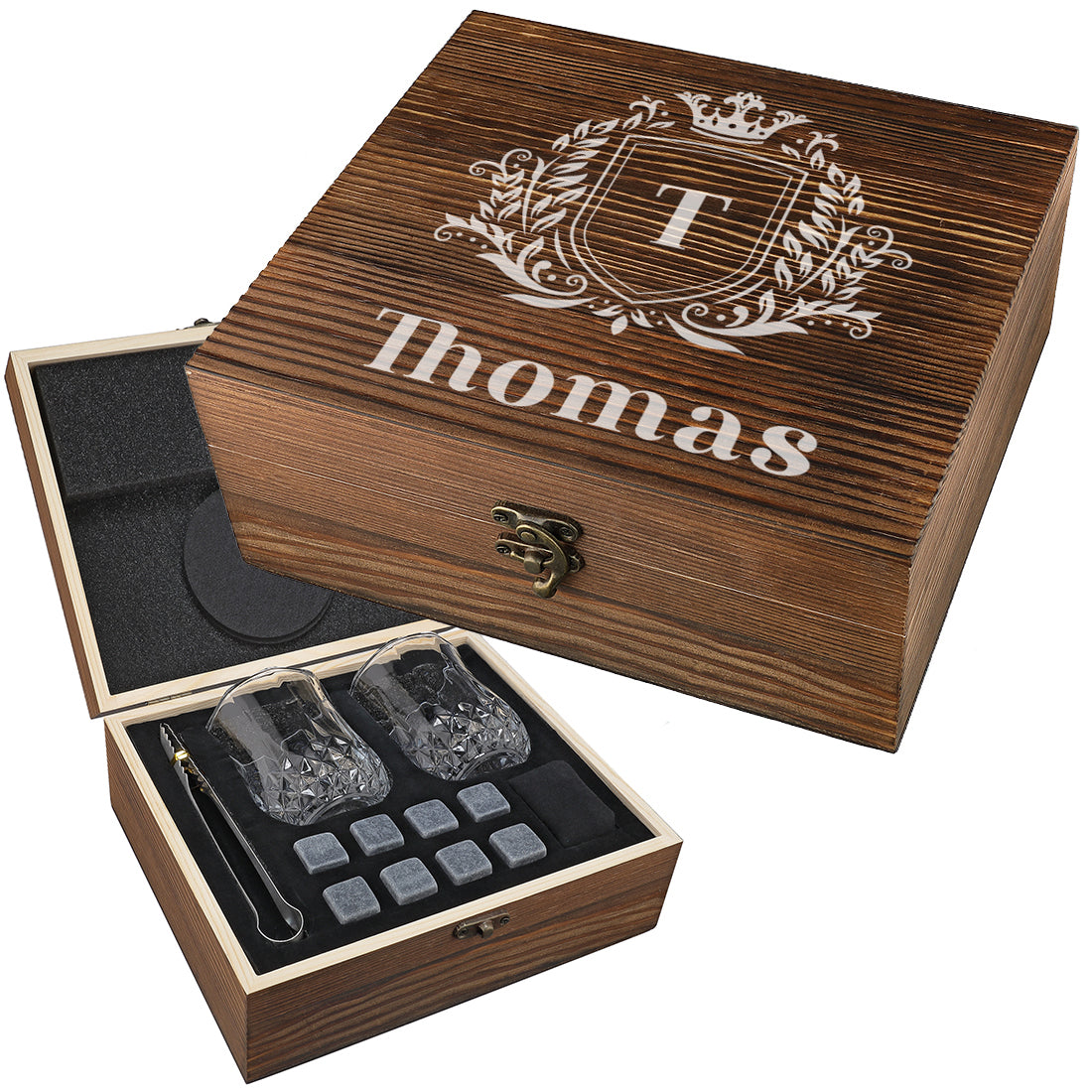 Whisky Kühlsteine Geschenkset mit gravierter Holzkiste - Motiv Wappen