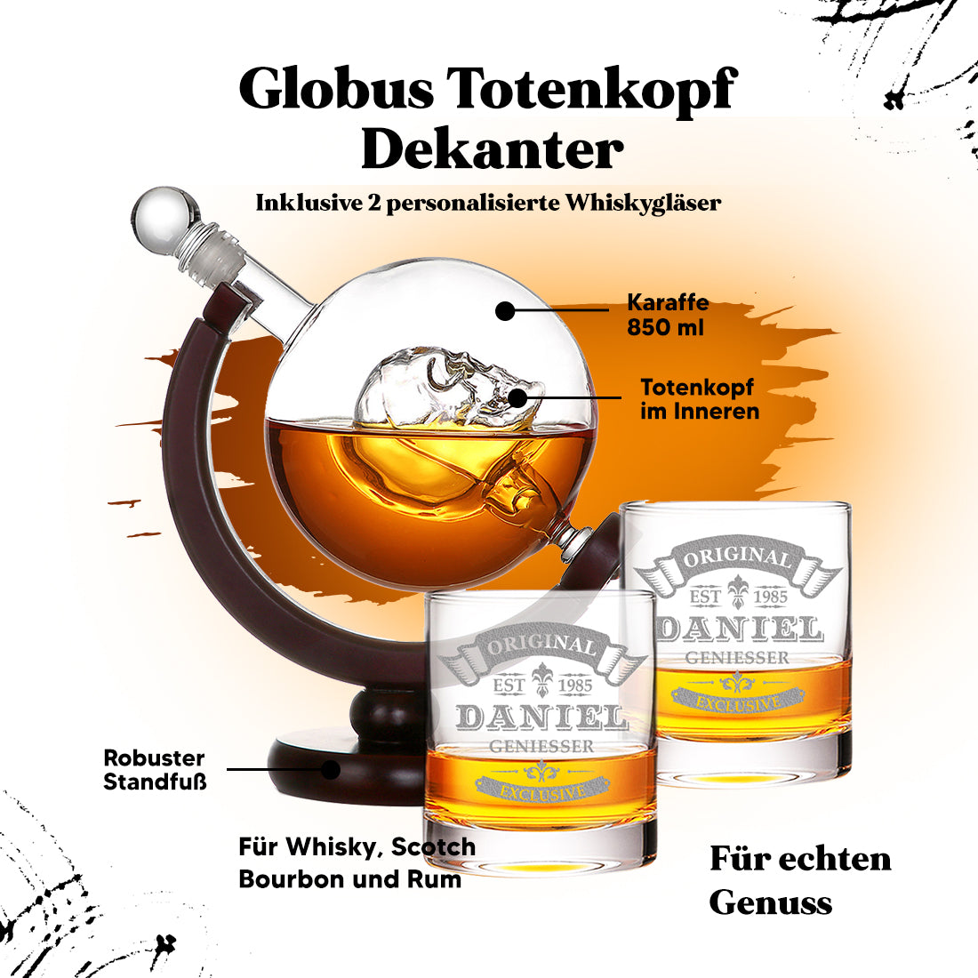 Whisky-Set Dekanter 850 ml & 2 Whiskygläser 320 ml mit Gravur - Ideal als Geschenk