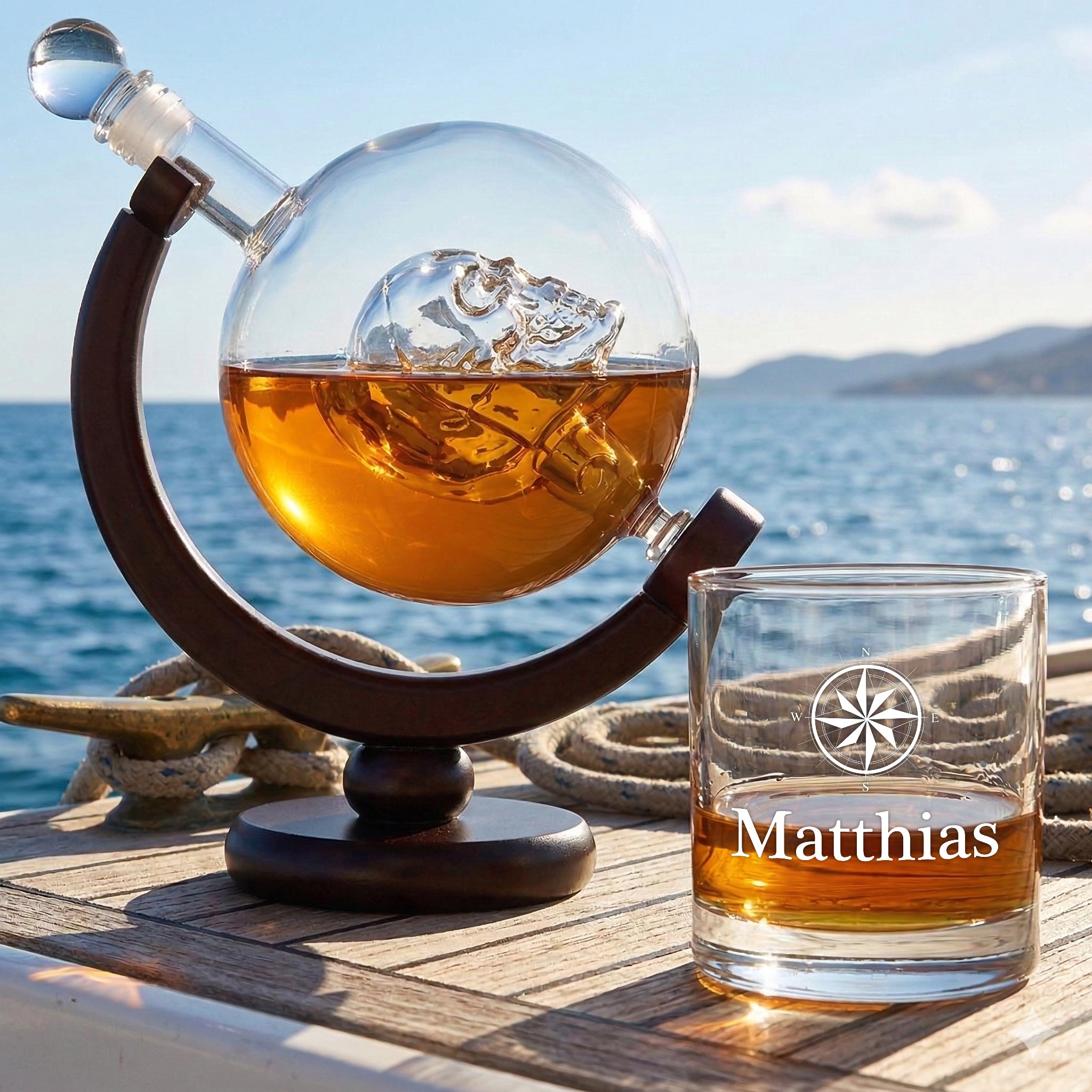 2-teiliges Geschenkset Totenkopf Karaffe 850 ml und Whiskyglas 320 ml - Motiv Kompass