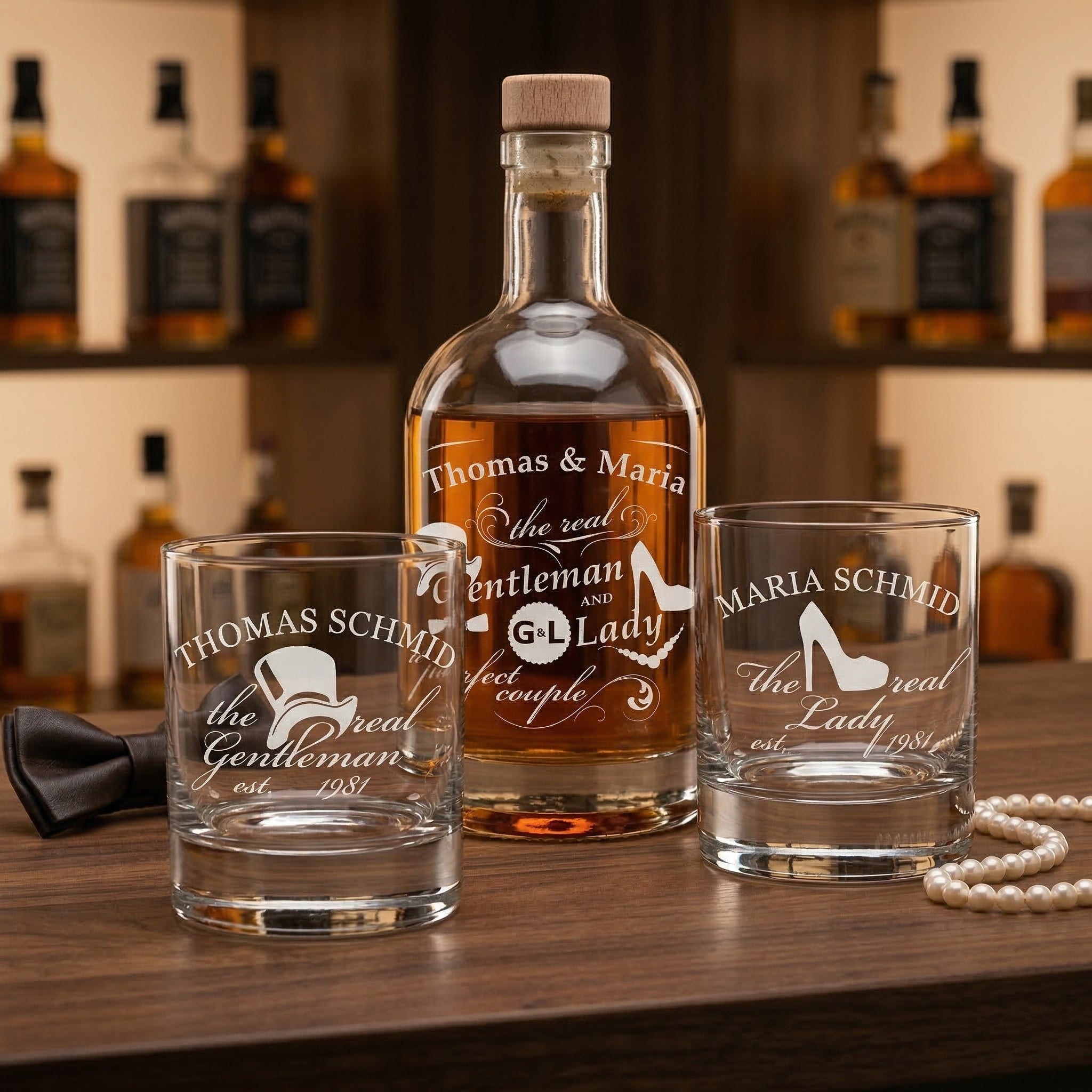 3-TLG Whisky-Set Karaffe 700 ml & Tumbler 320 ml mit Gravur - Geschenk für Paare