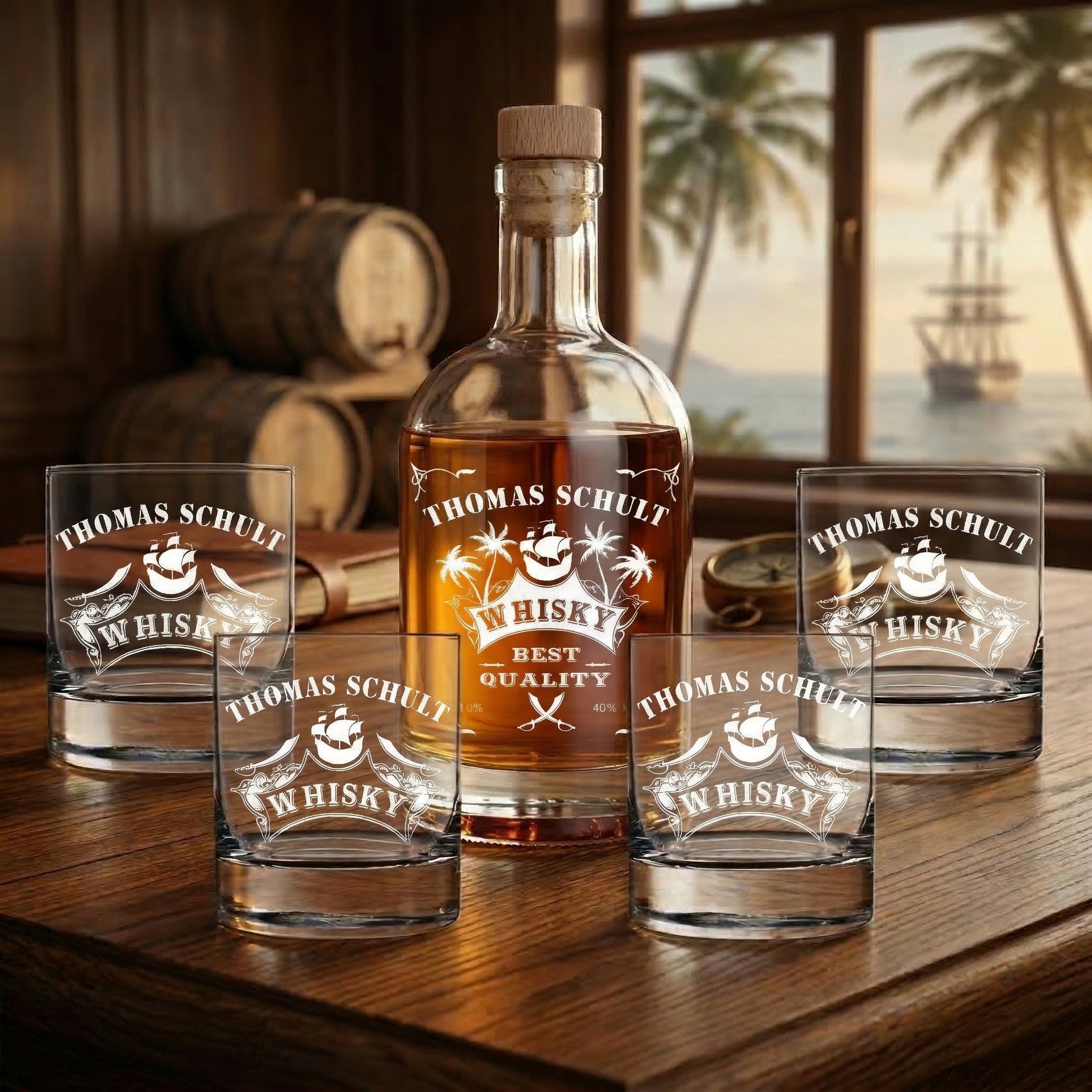 5-TLG Whisky-Set Whiskyflasche 700 ml + 4 Gläser 320 ml mit Gravur - Motiv Piratenschiff