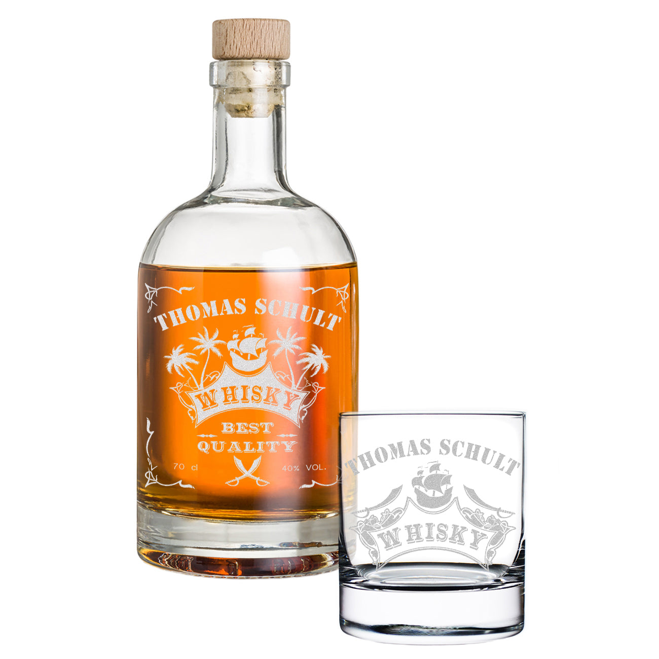 Whisky Flasche 700 ml & Whiskyglas 320 ml 2-teiliges Set mit Gravur - Motiv Piratenschiff