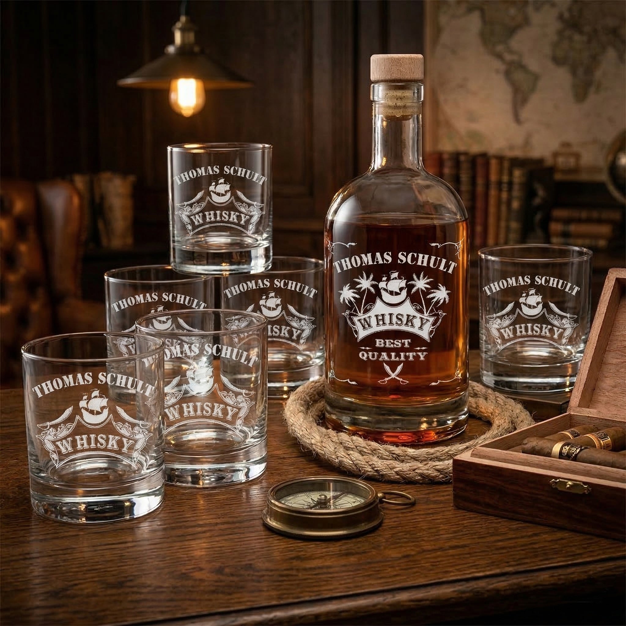 Personalisiertes Whisky Geschenkset mit Flasche 700 ml & 6 Whiskygläser - Motiv: Piratenschiff