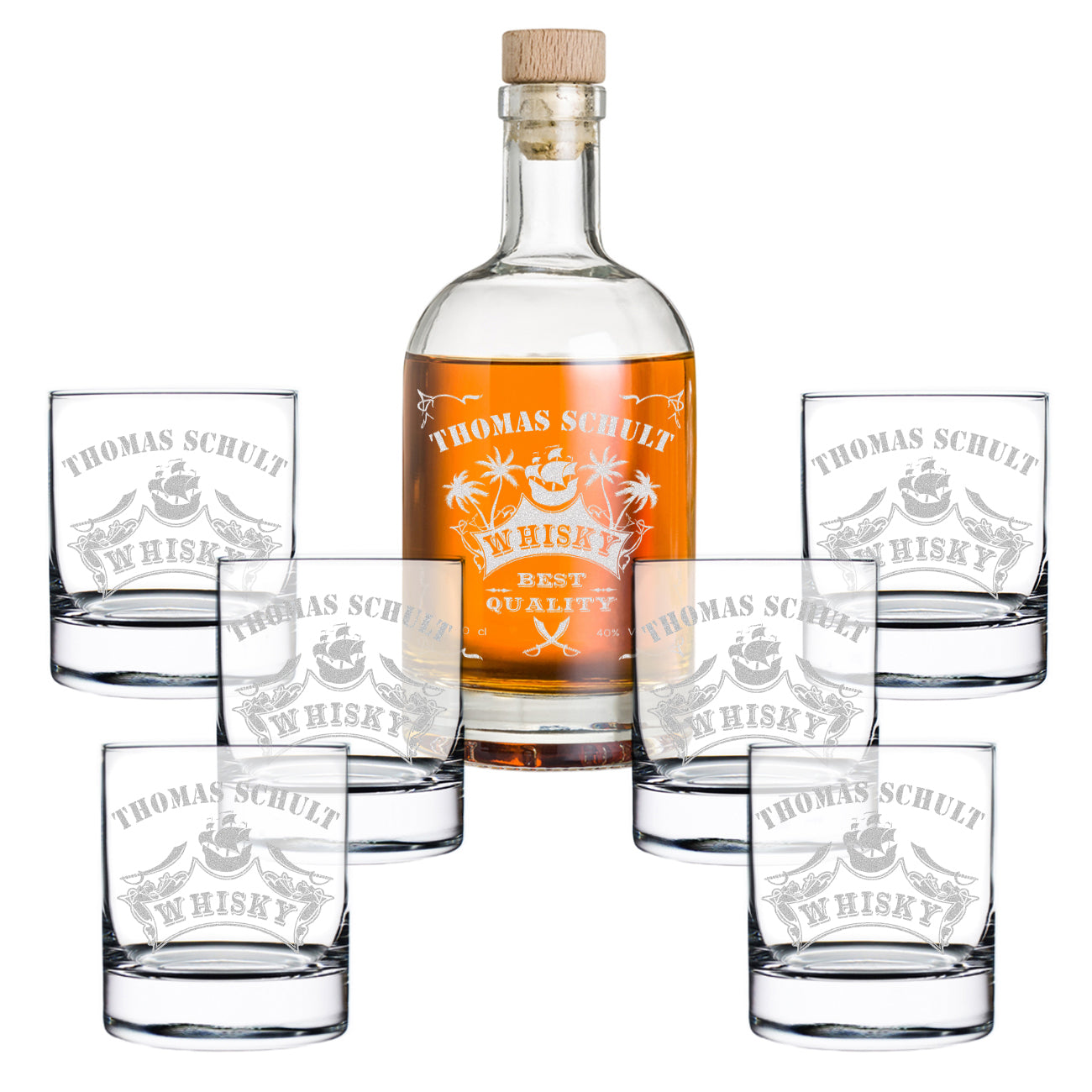 Personalisiertes Whisky Geschenkset mit Flasche 700 ml & 6 Whiskygläser - Motiv: Piratenschiff