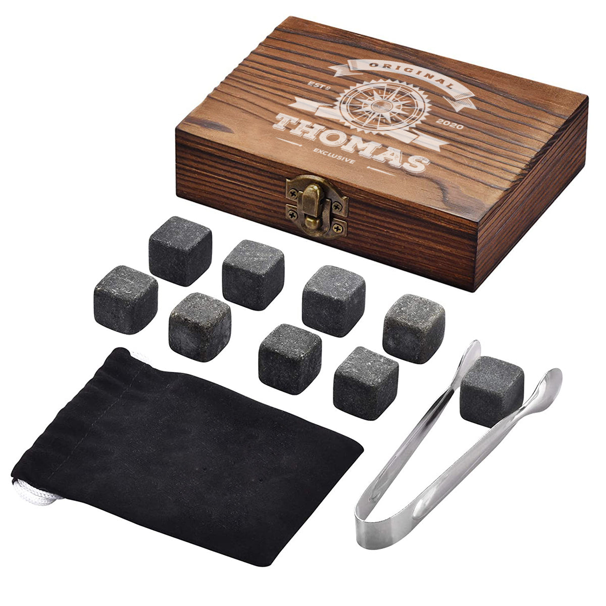 Personalsiertes Whisky-Set 5-tlg Holzkiste, Whiskyglas & Kühlsteine - Motiv "Original Exklusive"
