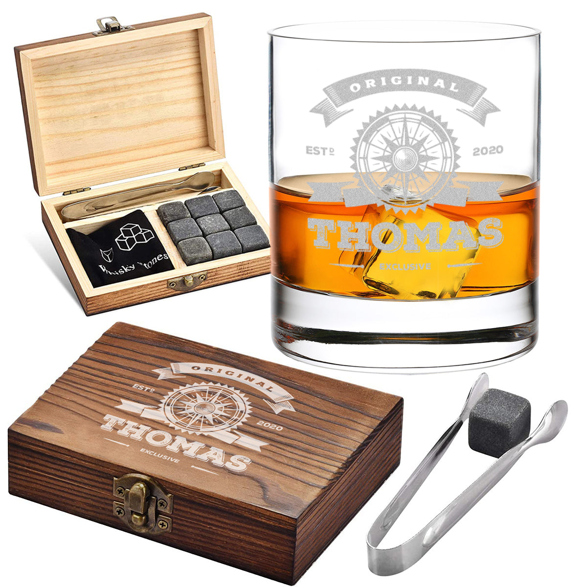 Personalsiertes Whisky-Set 5-tlg Holzkiste, Whiskyglas & Kühlsteine - Motiv "Original Exklusive"
